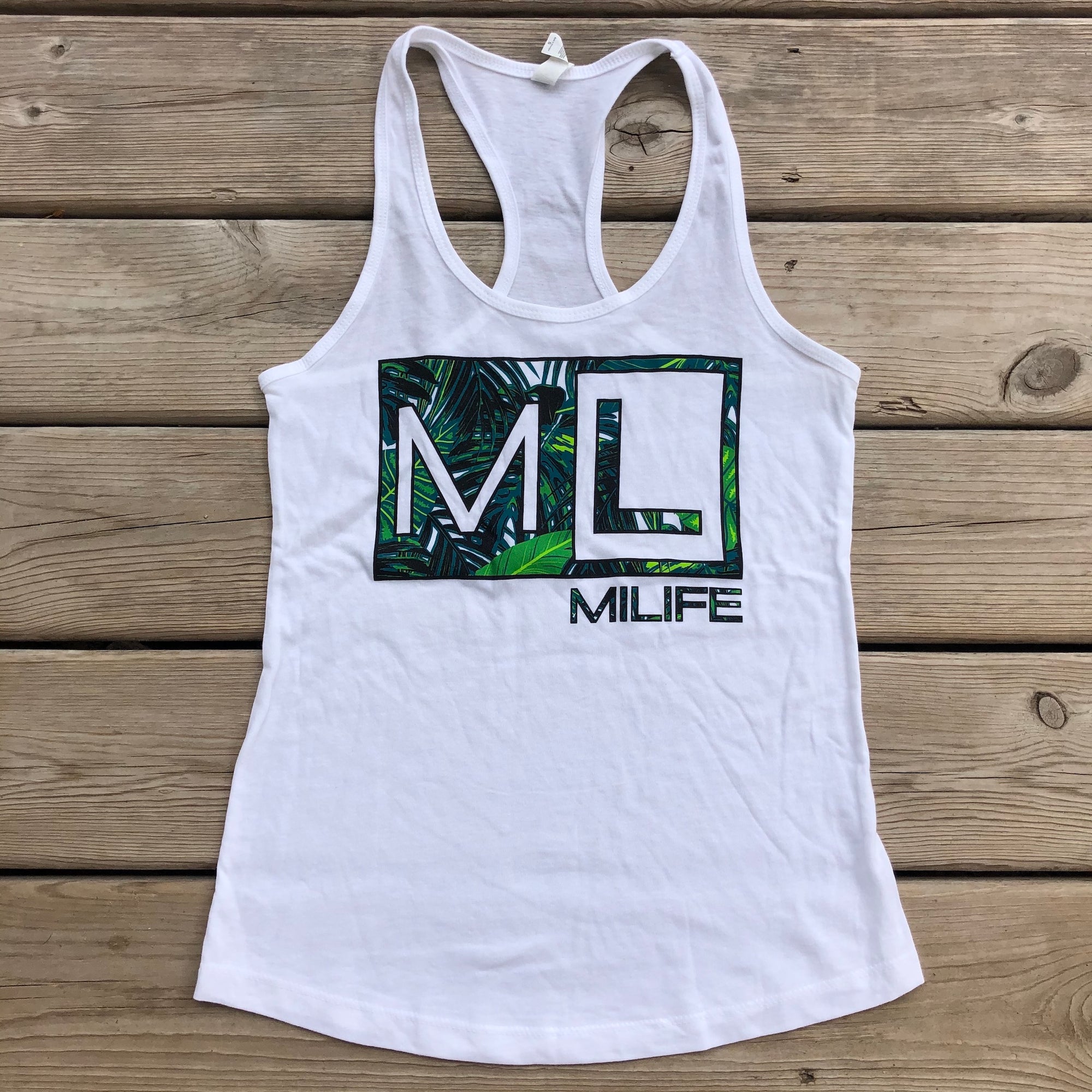 MiLife white tank top with flora print logo made in Michigan 